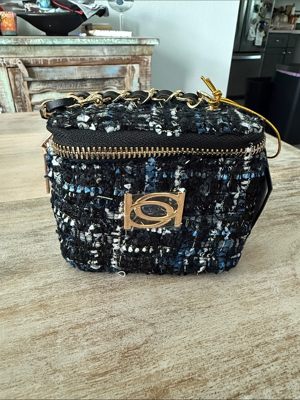 bebe Black & Blue Tweed Mini Crossbody with Gold Hardware